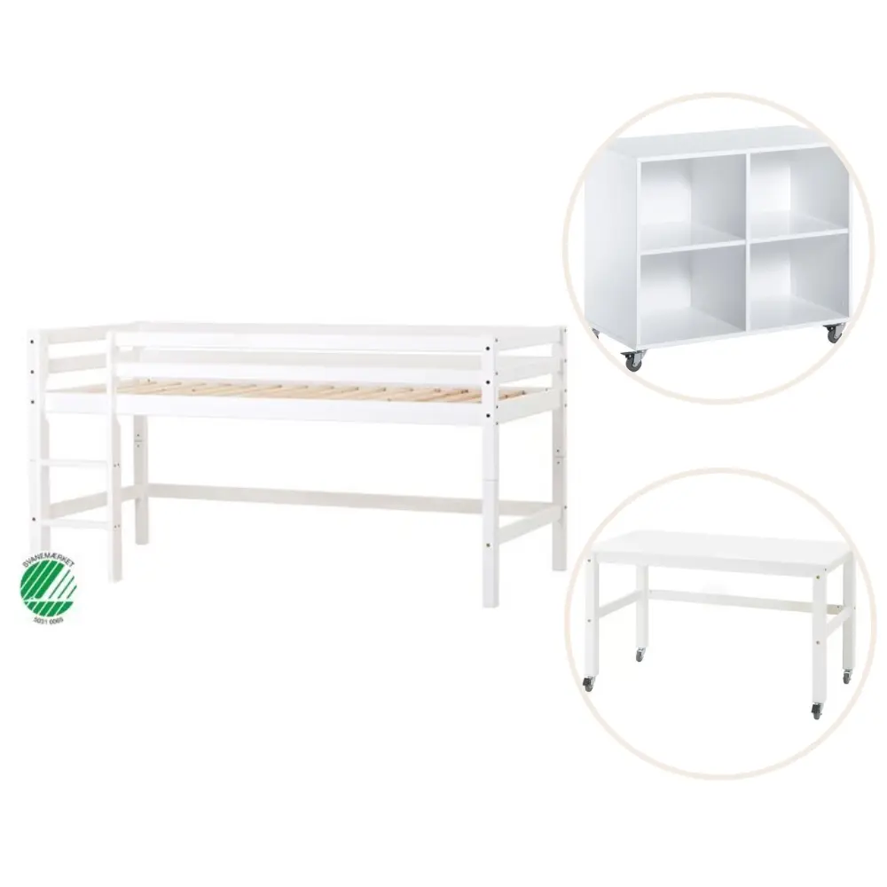 ECO Dream Halvhög säng (delbar) vit, med rumsdelare och skrivbord ECO Dream Halvhög säng (delbar) vit, med rumsdelare och skrivbord