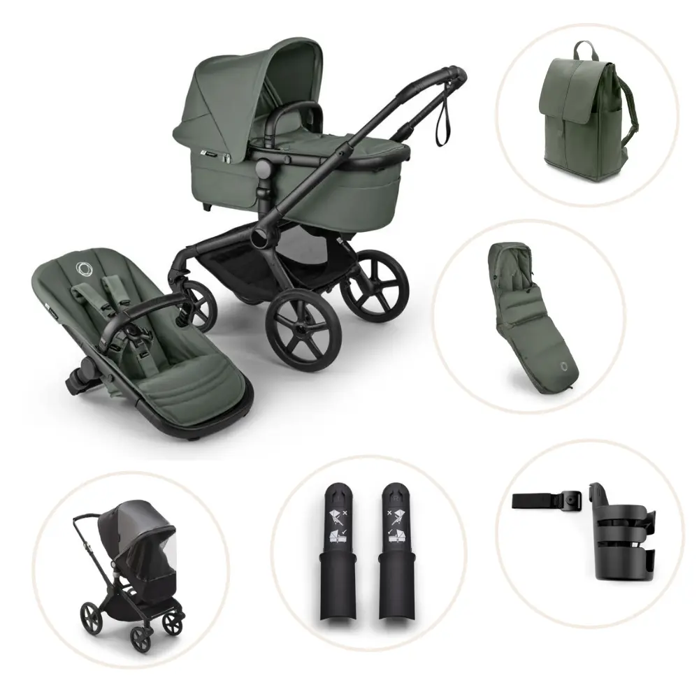 Bugaboo Fox 5 Renew Duovagn Inkl. Skötväska, Åkpåse, Mugghållare, Liggdelsadapter Och Regnskydd – Black/Forest Green