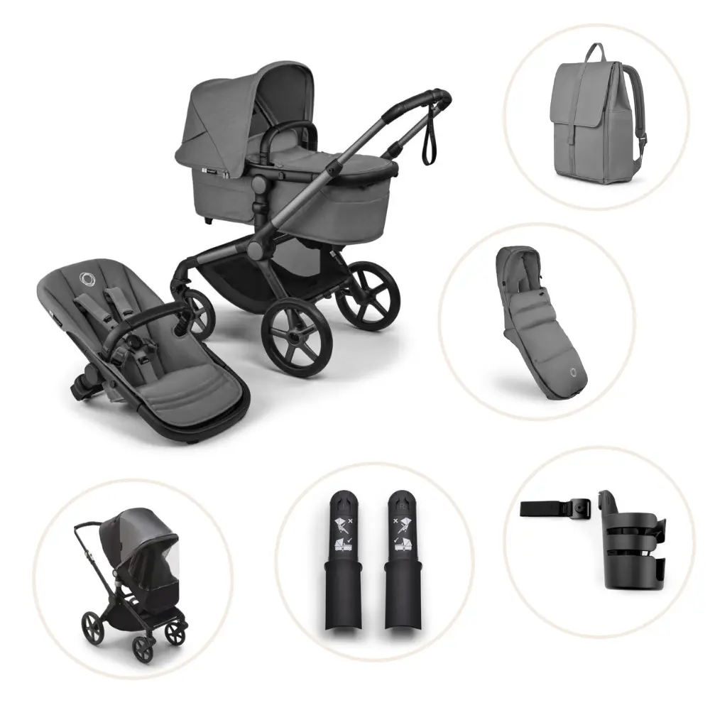 Bugaboo Fox 5 Renew Duovagn Inkl. Skötväska, Åkpåse, Mugghållare, Liggdelsadapter Och Regnskydd – Graphite/Moon Grey