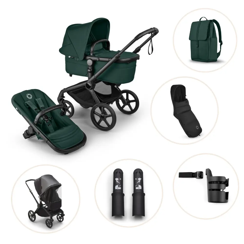 Bugaboo Fox 5 Renew Duovagn Inkl. Skötväska, Åkpåse, Mugghållare, Liggdelsadapter Och Regnskydd – Black/Fern Green