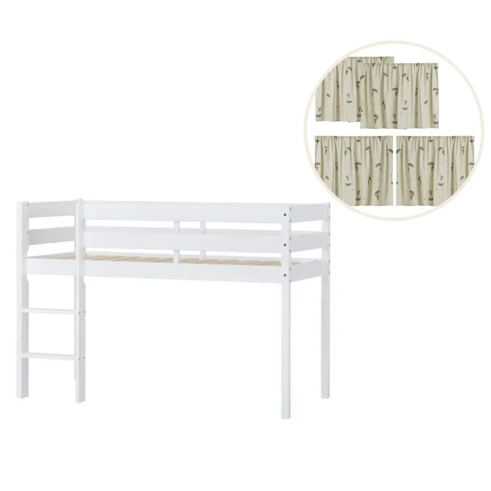 ECO Comfort halvhög säng vit, med grönt gardin