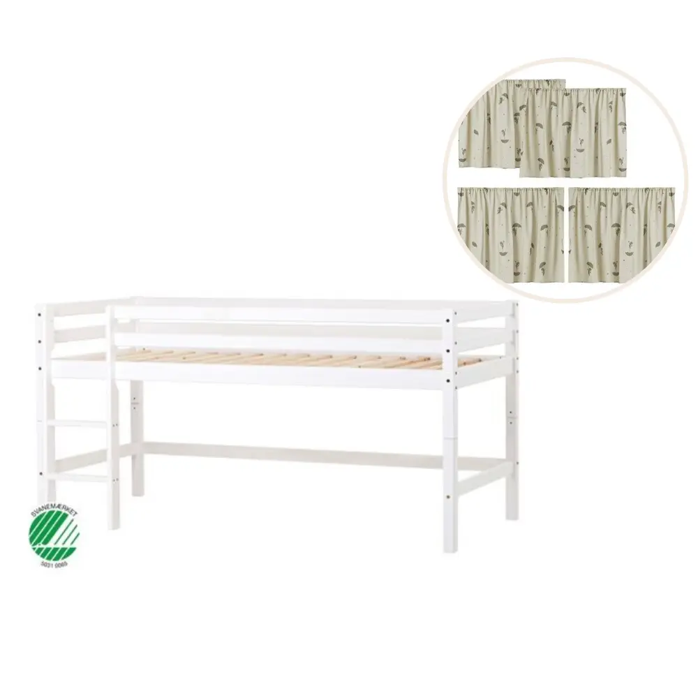 ECO Dream Halvhøög säng (delbar) vit 90x200, med grönt gardin