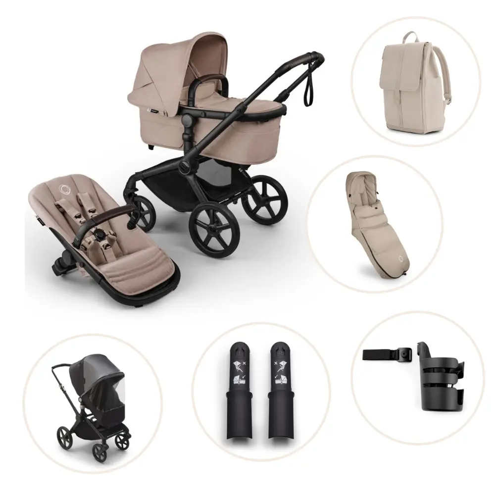Bugaboo Fox 5 Renew Duovagn Inkl. Skötväska, Åkpåse, Mugghållare, Liggdelsadapter Och Regnskydd – Black/Desert taupe melange