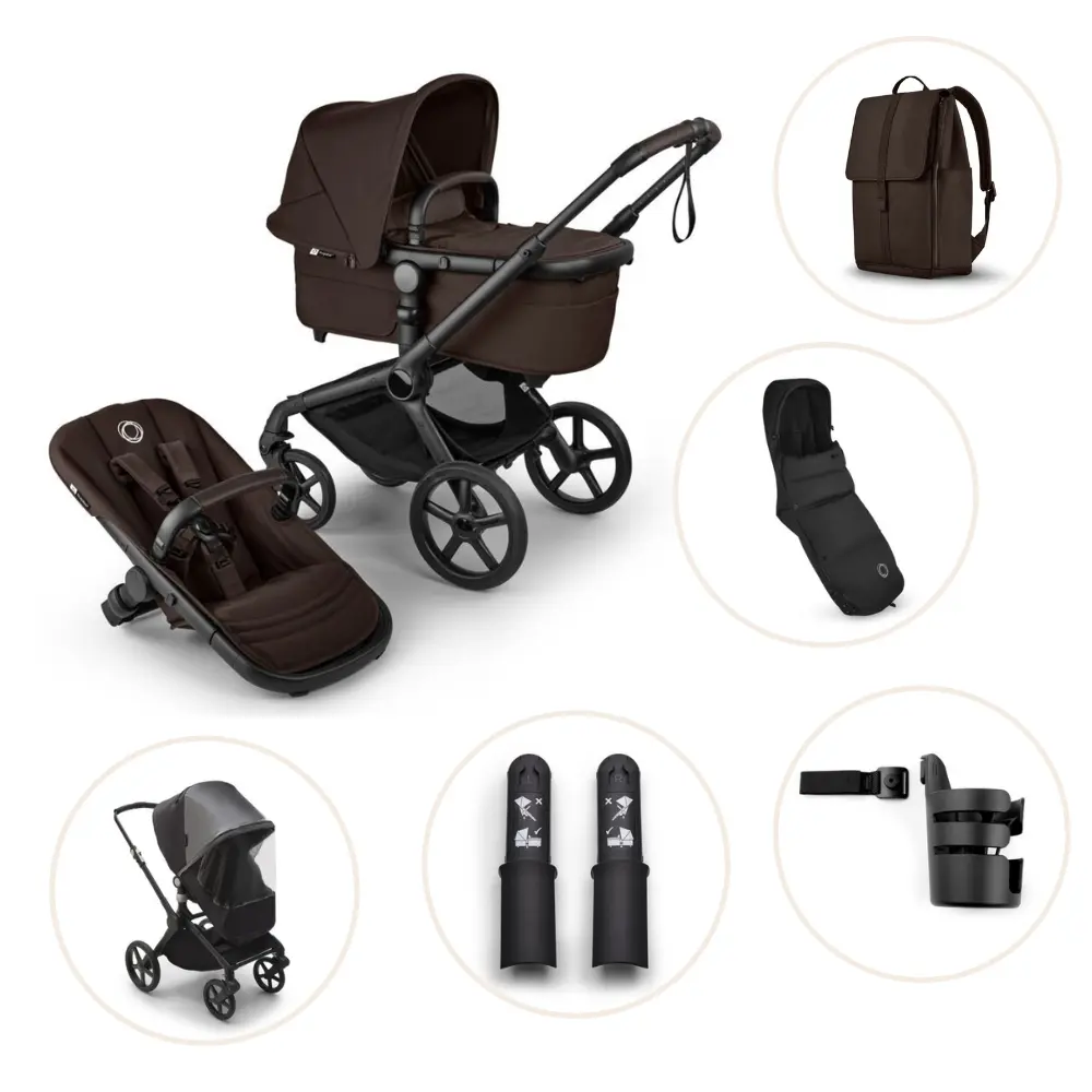 Bugaboo Fox 5 Renew Duovagn Inkl. Skötväska, Åkpåse, Mugghållare, Liggdelsadapter Och Regnskydd – Black/Cocoa Brown